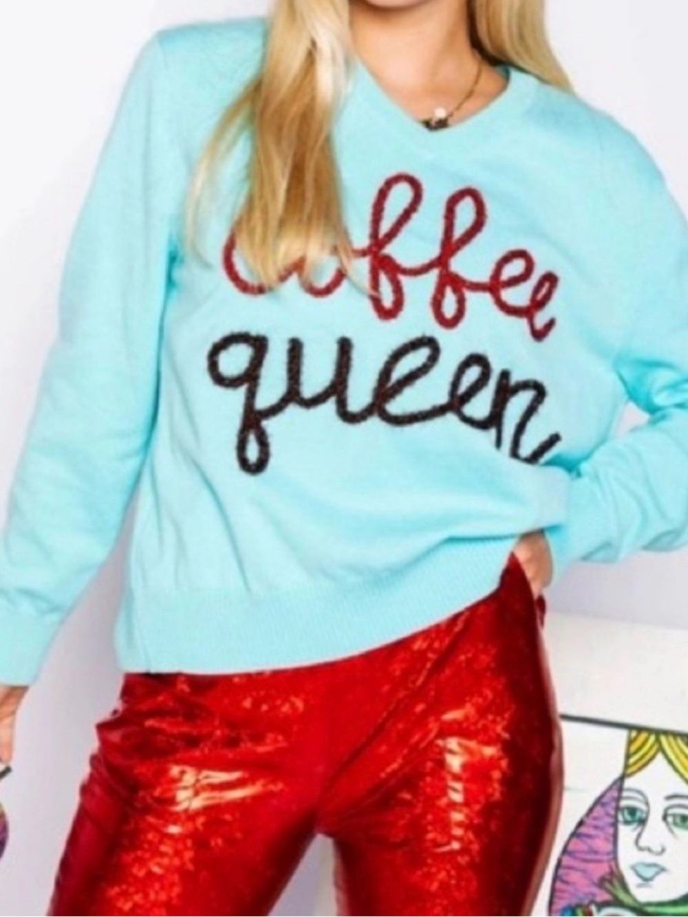 Queen of Sparkles Coffee Queen Knit Sweater - Aqua
